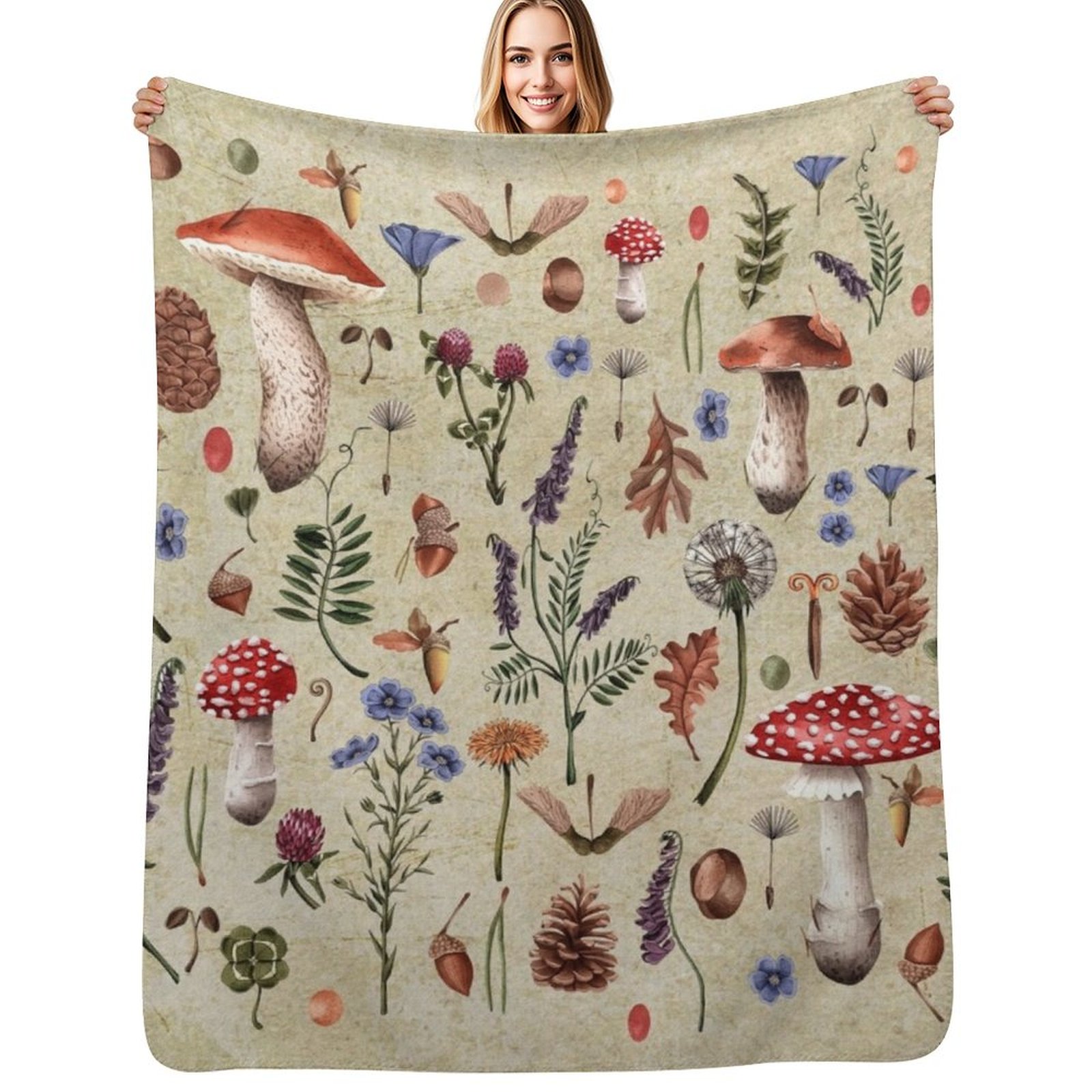 Hongos botánicos retro, flores - Neutral Throw Blanket reseña y precio